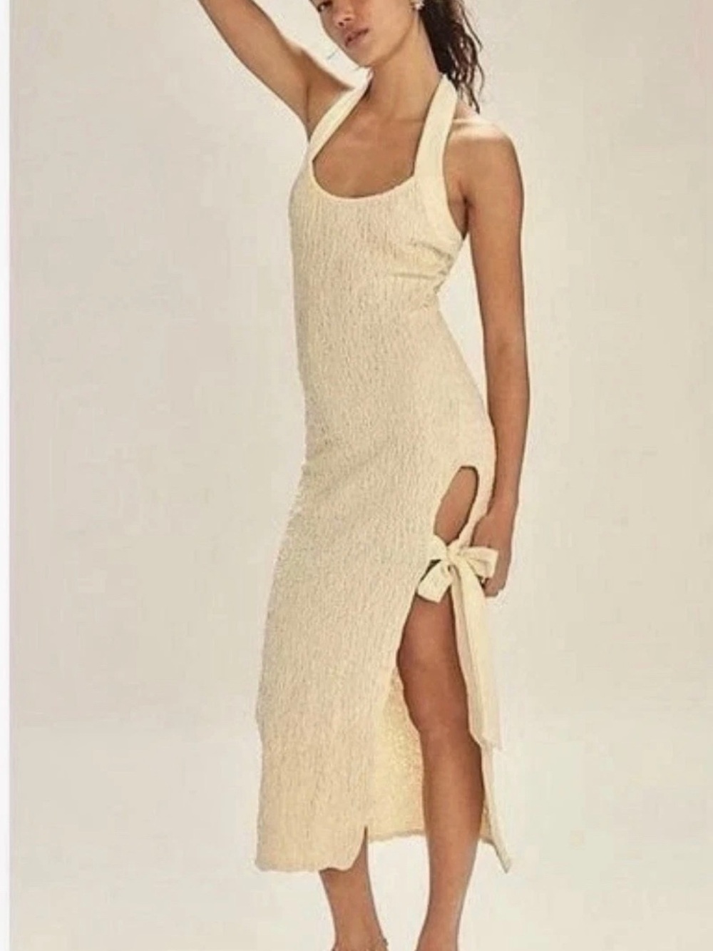 Free People Free-est Sea Foam Cream Textured Halter Midi Dress Size Medium NWOT